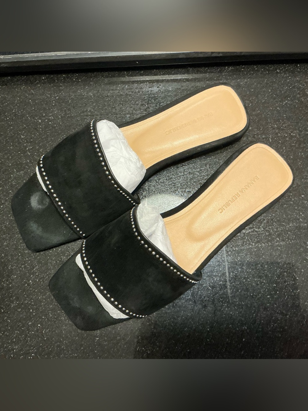 Banana Republic Black Suede Stud-Trim Slides